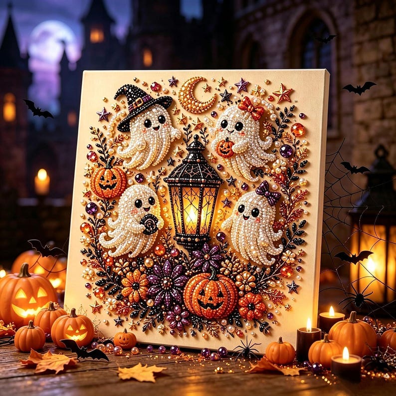 May include: A square diamond painting craft featuring four white ghosts, a central black lantern, orange pumpkins, and a crescent moon. The design is embellished with colorful beads and gems, creating a textured, sparkling Halloween-themed artwork.