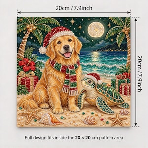 Pärlmålningssats | Julgranskonst med guldbär | Väggdekorationer för högtider, julpyssel, present till hemmet, 20 x 20 cm (7,87 x 7,87 tum) uppspänd duk Dog & Turtle
