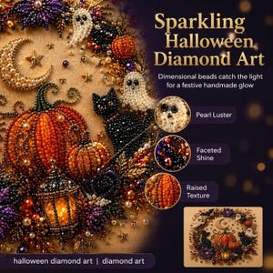 May include: Sparkling Halloween Diamond Art featuring a beaded wreath with pumpkins, a black cat, ghosts, a crescent moon, and a lantern. Text reads: Sparkling Halloween Diamond Art, Dimensional beads catch the light for a festive handmade glow.