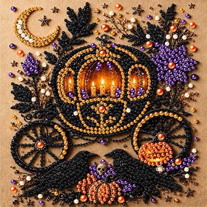 May include: A diamond painting craft featuring a black carriage with orange and purple accents, surrounded by black floral motifs, two black crows, a skull, pumpkins, a crescent moon, and stars, all rendered with sparkling beads on a tan background.