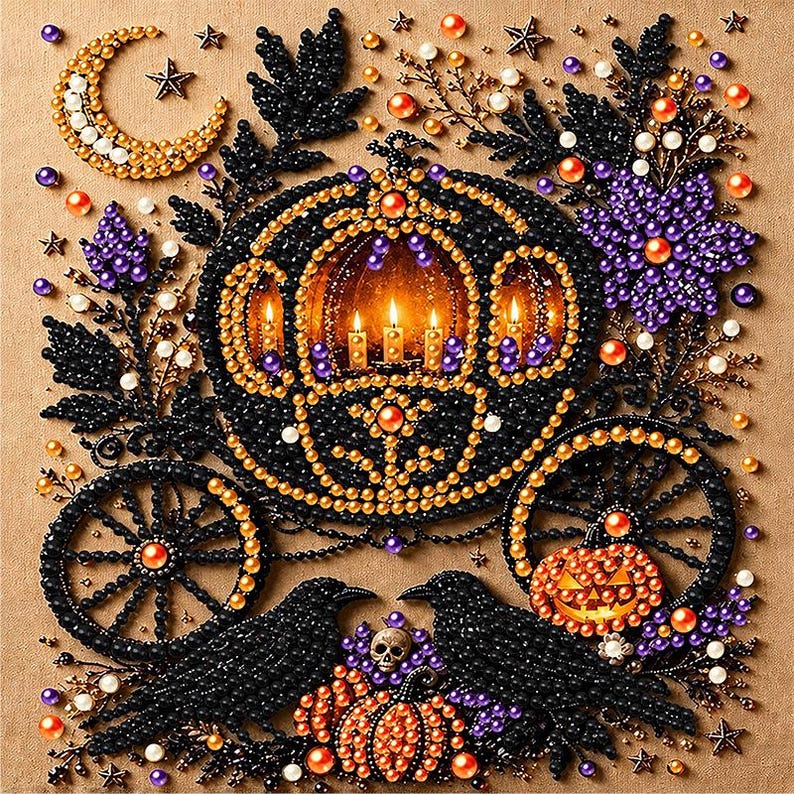 May include: A diamond painting craft featuring a black carriage with orange and purple accents, surrounded by black floral motifs, two black crows, a skull, pumpkins, a crescent moon, and stars, all rendered with sparkling beads on a tan background.