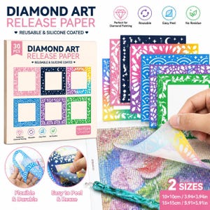 以下が含まれることがあります： 15x15cmのシリコンコーティングされたダイヤモンドアート用剥離紙30枚セット。星、月、葉などの模様が描かれたカラフルな装飾枠が特徴です。ターコイズブルーのダイヤモンドペインティング用スタイラスペンが付属しています。