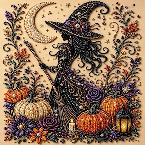May include: A diamond painting craft kit featuring a witch in a pointed hat holding a broomstick, surrounded by a crescent moon, stars, pumpkins, flowers, and a lantern. The design is composed of colorful beads in shades of orange, purple, and black.