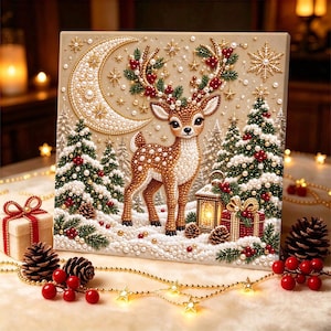 Pärlmålningssats | Julgranskonst med guldbär | Väggdekorationer för högtider, julpyssel, present till hemmet, 20 x 20 cm (7,87 x 7,87 tum) uppspänd duk Christmas Reindeer