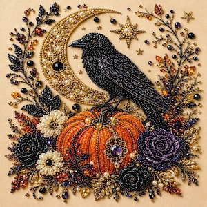 May include: A beaded wall art piece featuring a black crow perched on an orange pumpkin, set against a crescent moon and star background. The design is embellished with black, purple, and white floral accents, gold beads, and crystals.