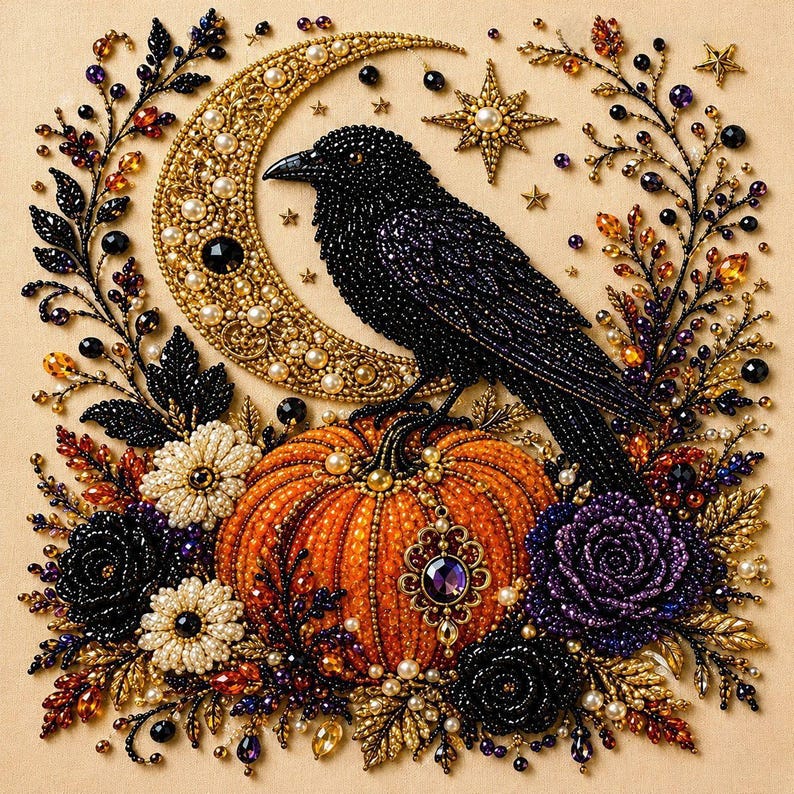 May include: A beaded wall art piece featuring a black crow perched on an orange pumpkin, set against a crescent moon and star background. The design is embellished with black, purple, and white floral accents, gold beads, and crystals.