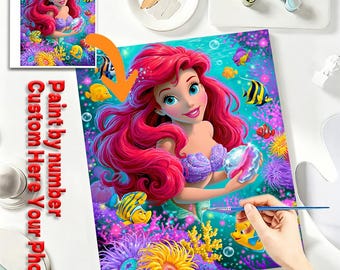Kit per dipingere con i numeri "Principessa Sirena": pittura acrilica fai da te personalizzata con effetto schizzi di inchiostro e foto.