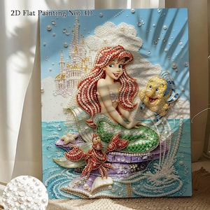 May include: A 2D flat painting featuring a mermaid with red hair, a green tail, a yellow fish, and a red crab. The artwork includes a castle, white pearls, and clear crystals on a light blue background with the text 2D Flat Painting Not 3D.