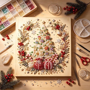 May include: A square wooden board featuring a beaded Christmas tree design adorned with small gift boxes, bells, and ornaments. The tree is surrounded by a wreath of red berries, pine branches, and snowflakes, with two gift bags at the base.