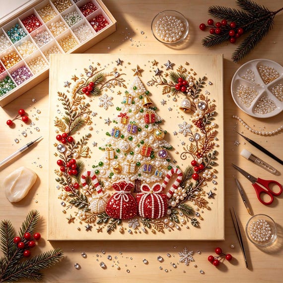 Pearl Painting Kit | Christmas Tree Gold Berry Art | Holiday Wall Decor Christmas Craft Gift for Home 20x20cm(7.87x7.87in) stretched canvas