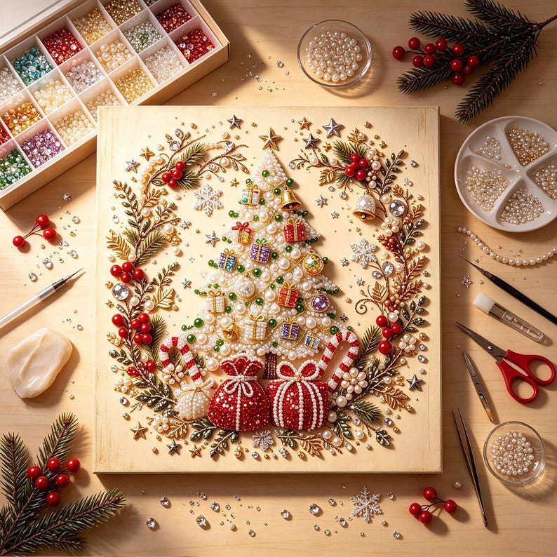 Pärlmålningssats | Julgranskonst med guldbär | Väggdekorationer för högtider, julpyssel, present till hemmet, 20 x 20 cm (7,87 x 7,87 tum) uppspänd duk Festive Xmas Tree