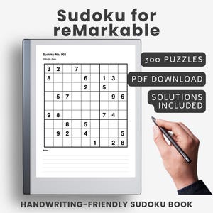 May include: A digital tablet displaying a Sudoku puzzle with the text Sudoku for reMarkable, 300 PUZZLES, PDF DOWNLOAD, and SOLUTIONS INCLUDED. The screen shows a grid with numbers and a notes section. A black stylus is positioned near the tablet screen.
