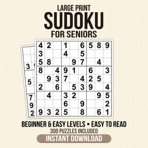 以下が含まれることがあります： 大きな活字の高齢者向け数独パズルブック。表紙には数字が書かれた完成した数独グリッドが描かれています。「初心者＆簡単レベル」、「読みやすい」、「300パズル収録」などのテキストが含まれています。
