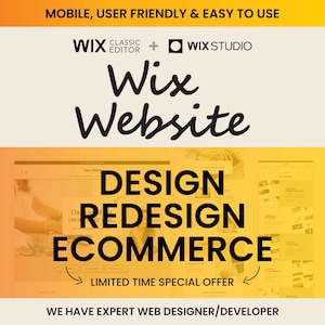 Pode incluir: Uma imagem promocional para os serviços Wix Website. A imagem apresenta o logotipo Wix, as palavras "Wix Website" em uma fonte elegante e as palavras "Design, Redesign, Ecommerce". A imagem também inclui o texto "Oferta especial por tempo limitado" e "Temos um designer/desenvolvedor web especialista".