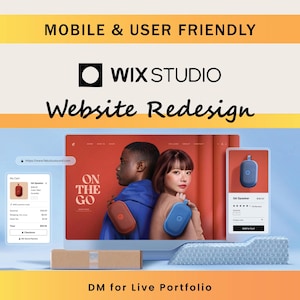 Może przedstawiać: Obraz promocyjny dla Wix Studio Website Redesign. Obraz przedstawia projekt strony internetowej na ekranie komputera, smartfon z listą produktów i dwie osoby z głośnikami. Tekst zawiera "Mobile & User Friendly" i "DM for Live Portfolio."