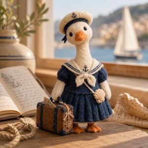 May include: A charming felt goose doll dressed in a sailor outfit, complete with a hat, navy blue dress, and a seashell purse. The goose carries a miniature suitcase. A nautical-themed decorative item.