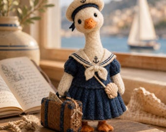 Handmade Needle Felted Duck Figurine, Sailor Duck Wool Animal Decor, Nautical Beach House Decor, Coastal Nursery Duck Lover Gift