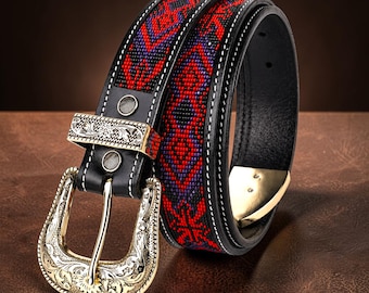 Handmade Beaded Leather Belt for Men - Boho Western Belt | Southwestern Geometric Belt - Black Leather Cowboy Belt| Gift for Him