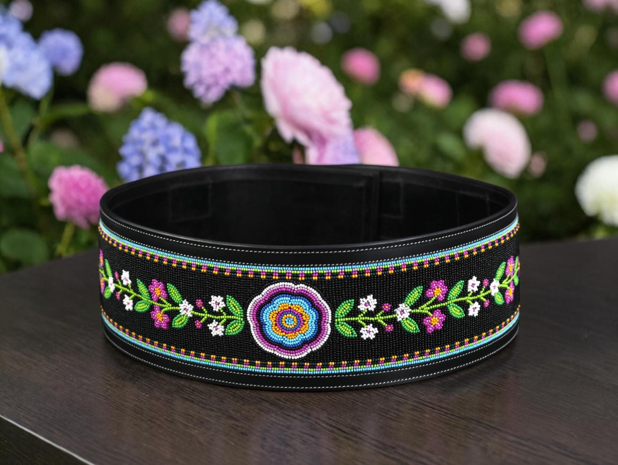 Handmade Wide Beaded Black Leather Belt - Floral Western Design