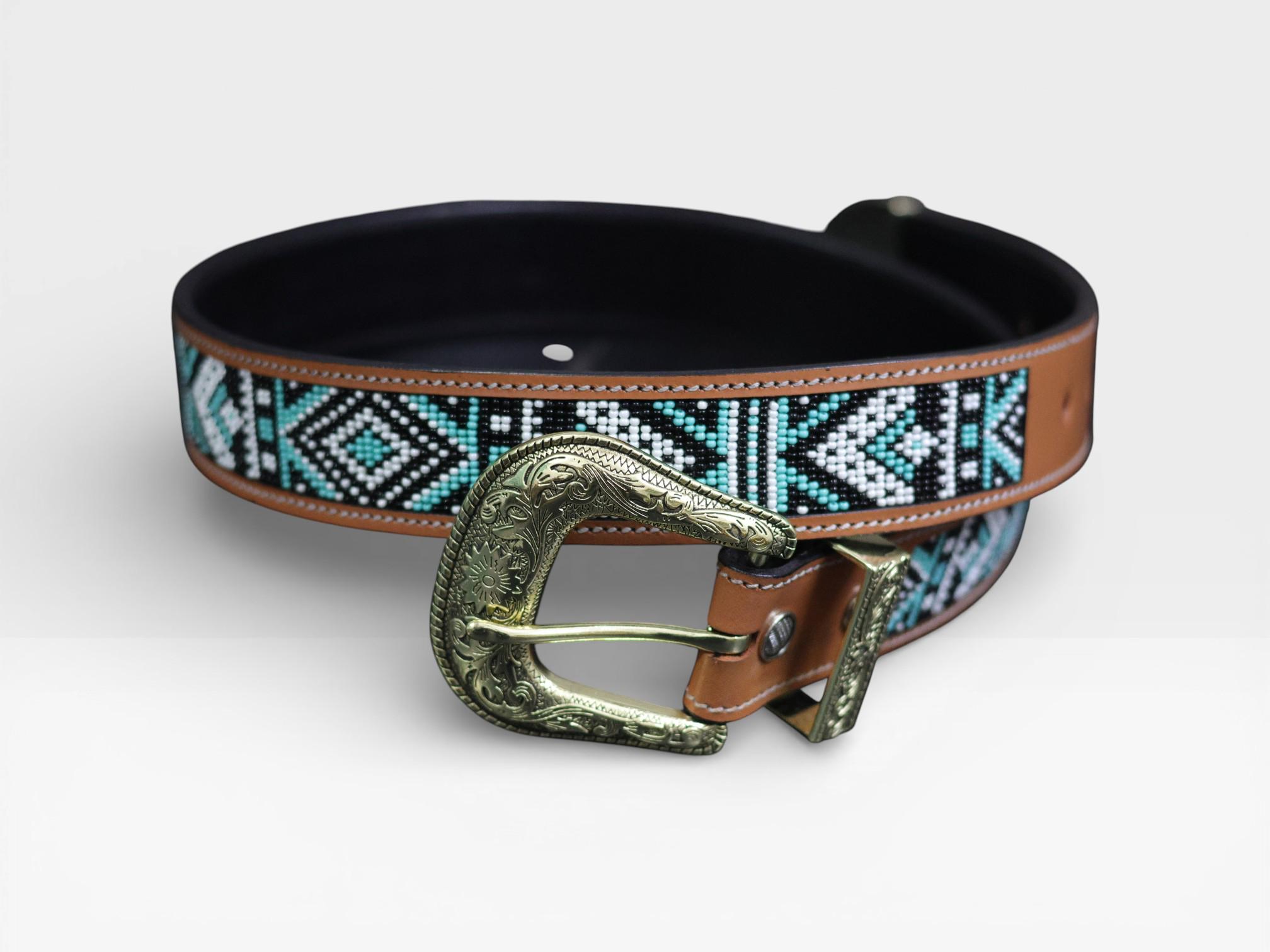 Boho Beaded Statement Belt - Brown with Turquoise & Cream Accents Beaded Leather Belt in Turquoise – L&L Boutique main image 4