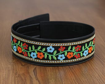 Black Leather Floral Beaded Belt | Wide Waist Belt  display picture 1