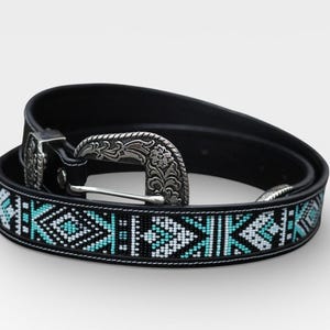 Four Strand Beaded Belt in Blue Green Silver Black w/Toggle Buckle Beaded Belt - Lucky Barnstar Turquoise - Black Leather  main image 2