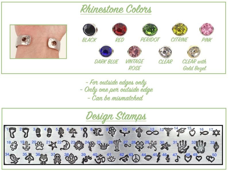 May include: A chart showing different rhinestone colors and design stamps for a bracelet. The colors include black, red, peridot, citrine, pink, dark blue, vintage rose, clear, and clear with gold bezel. The design stamps include a variety of symbols, such as footprints, a tree, a ribbon, a flower, a cross, an infinity symbol, a medical symbol, a graduation cap, an apple, a fish, a star, a puzzle piece, an anchor, a paw print, a star, a crescent moon, a sun, a flower, a crown, a vase, a four-leaf clover, a dragonfly, a star, a handprint, a handprint, a feather, a bird, a flower, an owl, a clown, a vine, an Om symbol, a lotus flower, a snake, a peace sign, an eye, a lightning bolt, a music note, a heart, and a heart with a swirl.