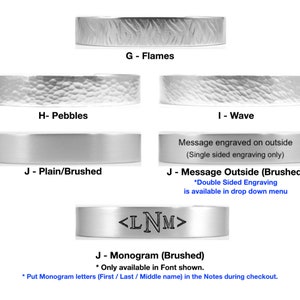 May include: A close-up of a silver ring with different engraving options. The options include Flames, Pebbles, Wave, Plain/Brushed, Message Outside (Brushed), and Monogram (Brushed). The text "<LNM>" is engraved on the ring.