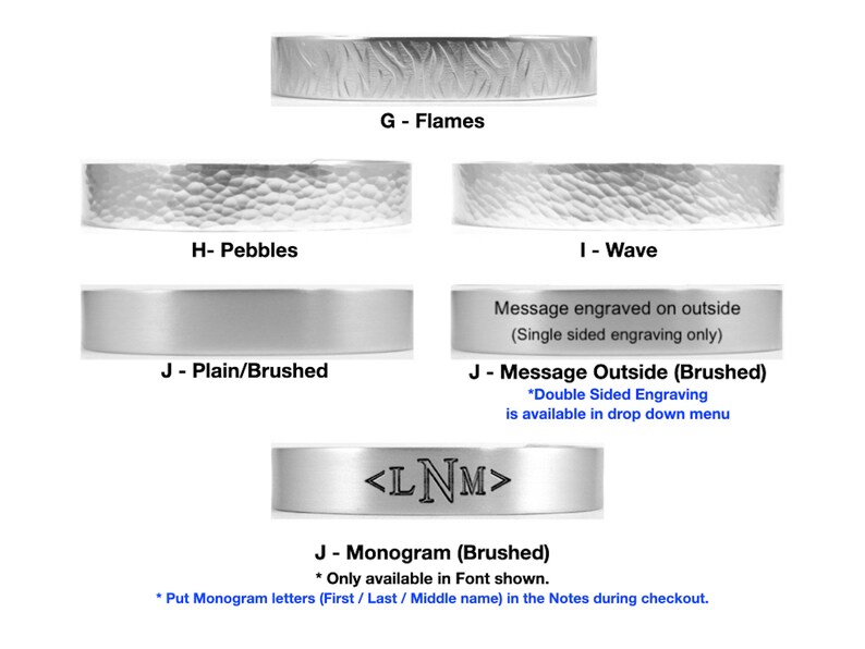May include: A close-up of a silver ring with different engraving options. The options include Flames, Pebbles, Wave, Plain/Brushed, Message Outside (Brushed), and Monogram (Brushed). The text "<LNM>" is engraved on the ring.