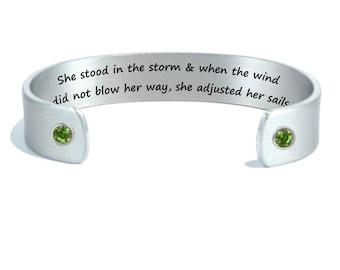 She stood in the storm... | Encouragement Gift | Survivor Bracelet | Personalized Silver Cuff | Rhinestone Jewelry | Custom Engraved Cuff