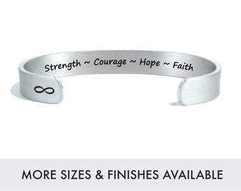 Encouragement Gift | Strength ~ Courage ~ Hope ~ Faith | Inspirational Jewelry | Addiction Recovery Gift | Engraved Silver Cuff Bracelet