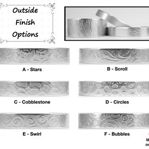 May include: Six different silver ring band styles with engraved designs. The styles are labeled A - Stars, B - Scroll, C - Cobblestone, D - Circles, E - Swirl, and F - Bubbles.  More options are available on the next photo.