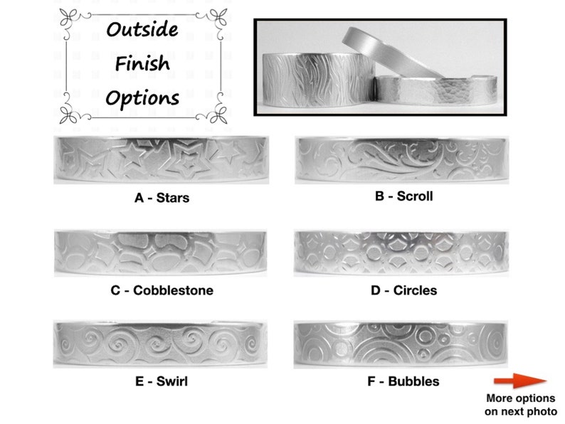 May include: Six different silver ring band styles with engraved designs. The styles are labeled A - Stars, B - Scroll, C - Cobblestone, D - Circles, E - Swirl, and F - Bubbles.  More options are available on the next photo.