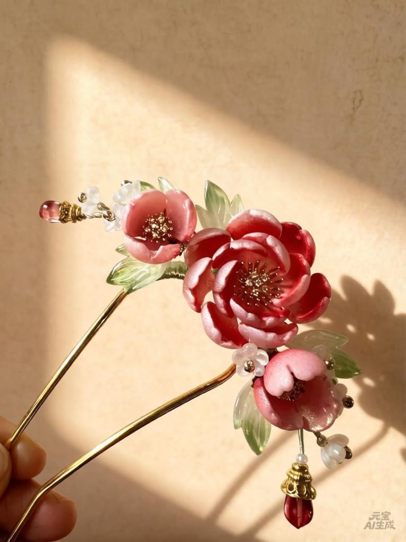 Red &white blooming handmade flower hairpin