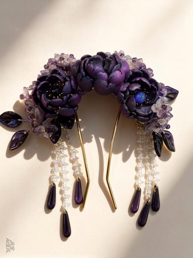 Ancient style deep purple flowers with blue light handmade hairpin with detachable tassel