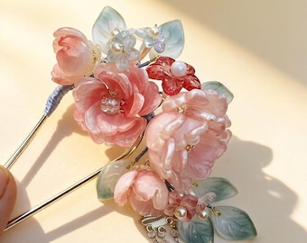 Ancient style pink flowers handmade hairpin with detachable tassel