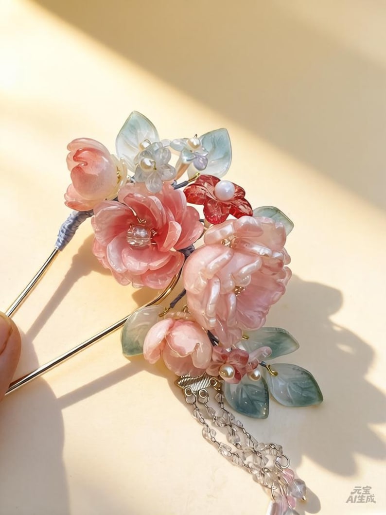 Ancient style pink flowers handmade hairpin with detachable tassel
