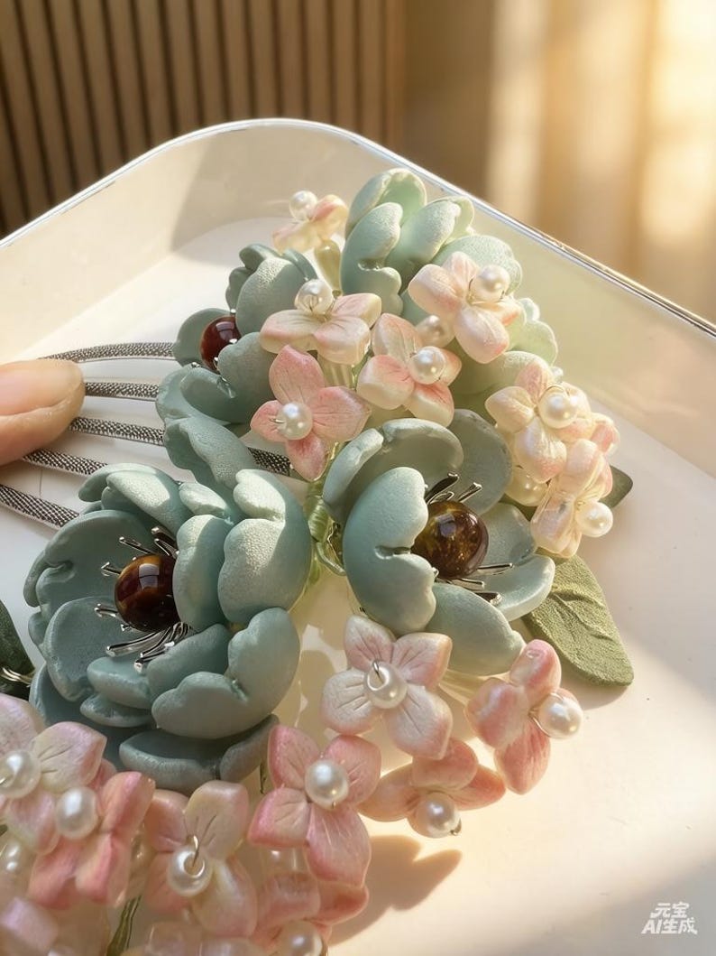 Cyan matte and frosted glass flowers handmade haircomb(15cm)