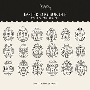 Puede incluir: Colección de diseños de huevos de Pascua dibujados a mano en blanco y negro. Cada huevo presenta patrones florales y geométricos únicos. El texto "EASTER EGG BUNDLE" está en la parte superior, con opciones de tipo de archivo debajo. "HAND DRAWN DESIGNS" abajo.