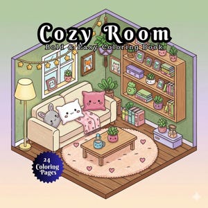 かわいい居心地の良い部屋の塗り絵、ヒュッゲなインテリア、大人向けA4 PDF（デジタルダウンロード）