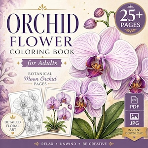 Målarbok med orkidéblommor för vuxna | 25+ botaniska sidor med månorkidéer, utskrivbar PDF JPG