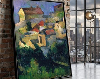 Paul Cezanne landschapsdoek, abstracte dorpsscène, postimpressionistische muurkunst