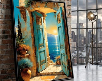 Mediterranean Coastal Canvas Art, Blue Doorway, Seaside Sunset