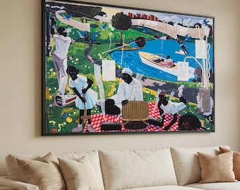 Färgglad picknick canvastavla, familjesammankomst, Kerry James Marshall-stil