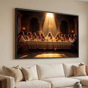 May include: A framed wall art print depicting the Last Supper, featuring Jesus and the twelve disciples seated at a long table in a grand hall. Golden light streams from above, illuminating the figures and the table set with food and drink.