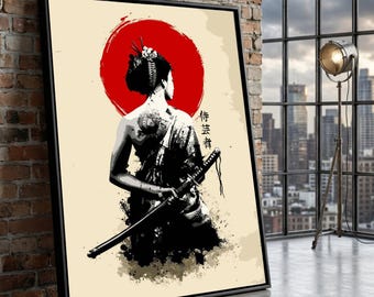 Modern Asian Woman Samurai Sword Canvas, Red Sun Wall Art, Geisha Tattoo Design, Japan Decor, Modern Oriental Canvas
