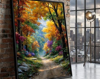 Autumn Forest Path Canvas Art, Colorful Woodland Landscape, Ready to Hang