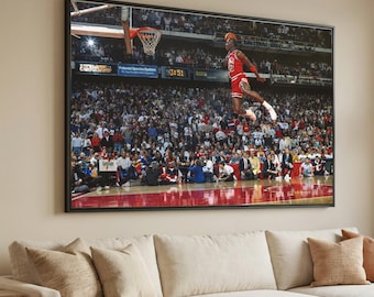 Michael Jordan Dunk Canvas Art, Vintage NBA Sports Moment, Basketball Court Decoration