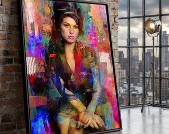 Amy Winehouse-porträtt på canvastavla, färgglad musikikon, modern heminredning