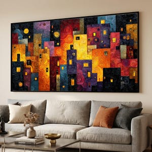 Paisaje urbano vibrante de noche, lienzo estilo Klimt, arte mural urbano moderno, diseño abstracto de remolinos, lienzo con luces de ciudad coloridas, acento de decoración para el hogar